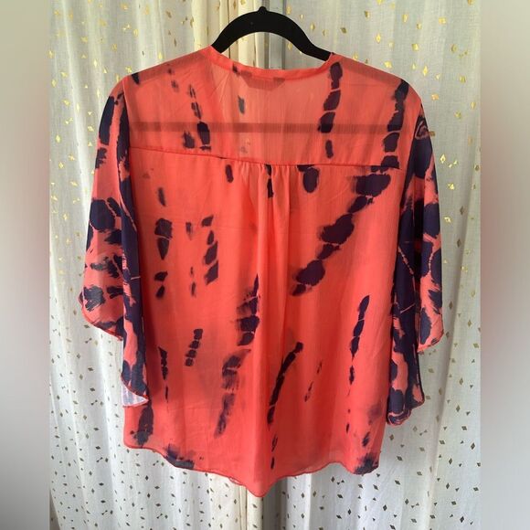 Chicme Sheer Orange Tie Dye Waterfall Sleeve Bohemian V Neck Button Down Blouse - Picture 4 of 7
